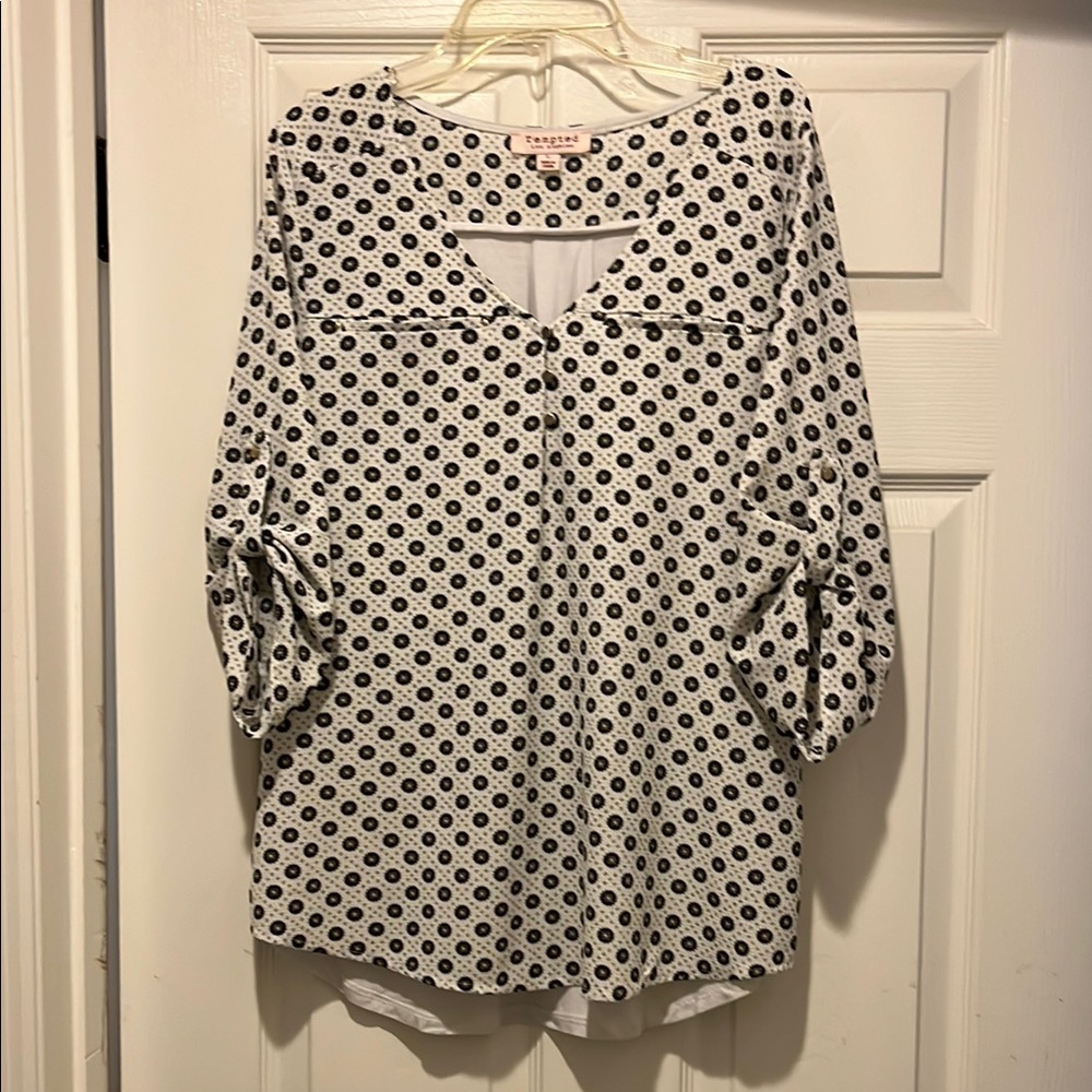 Blue, Gold and White 3/4 Sleeve Blouse with V-neck and Relaxed Fit